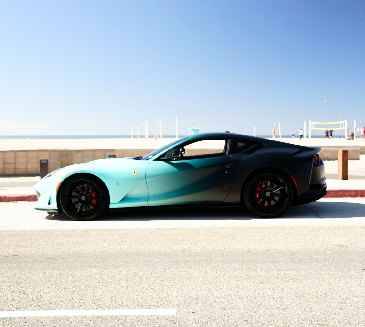 Two Tone Matte Black and Teal 2019 Ferrari 812 Superfast supercar rental Southern California