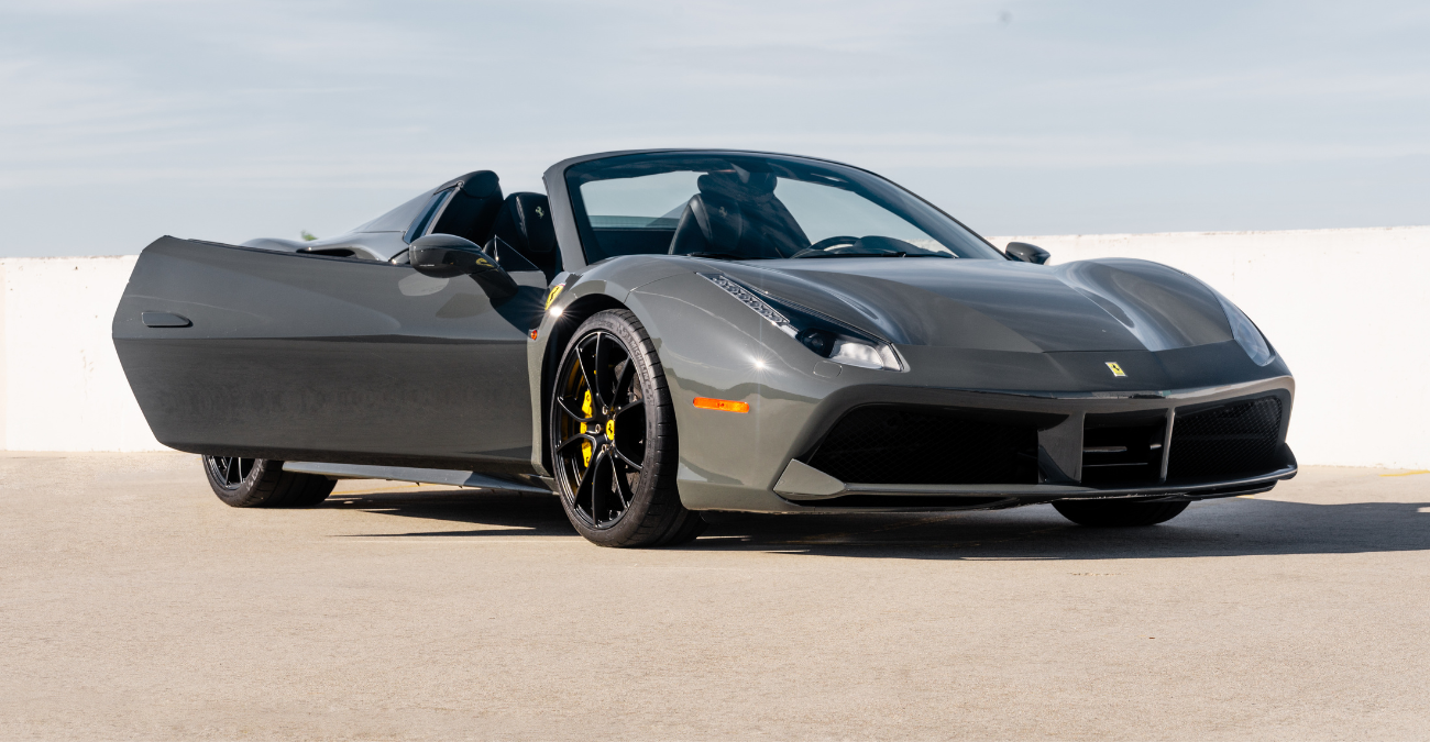 Ferrari 488 Spider Grigio Scuro trunk view luxury rental Pacific Coast Highway