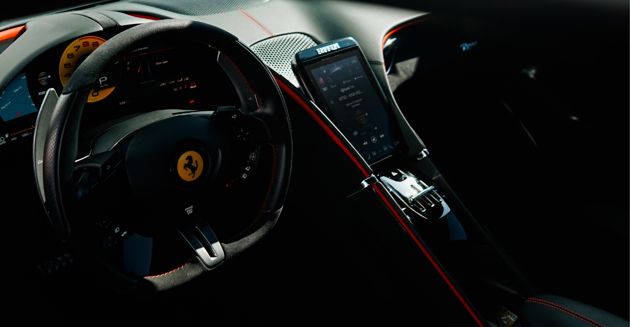 Ferrari Roma cockpit dashboard exotic car rental Pacific Coast Highway