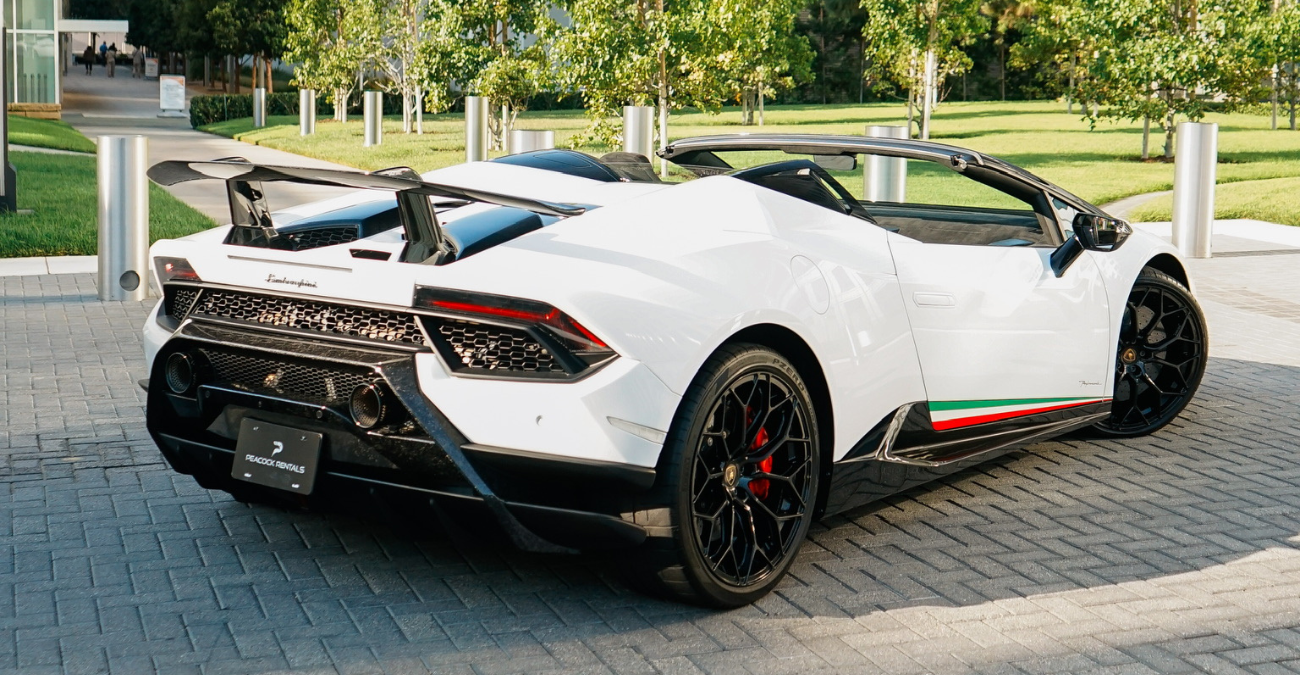 2019 Lamborghini Huracan Performante Spyder exterior White Beverly Hills rental