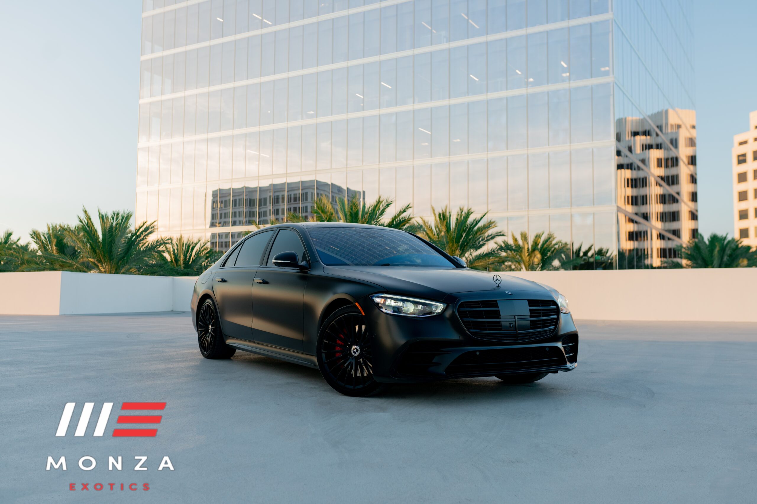 Mercedes-Benz S580 Black close-up luxury sedan rental Newport Beach