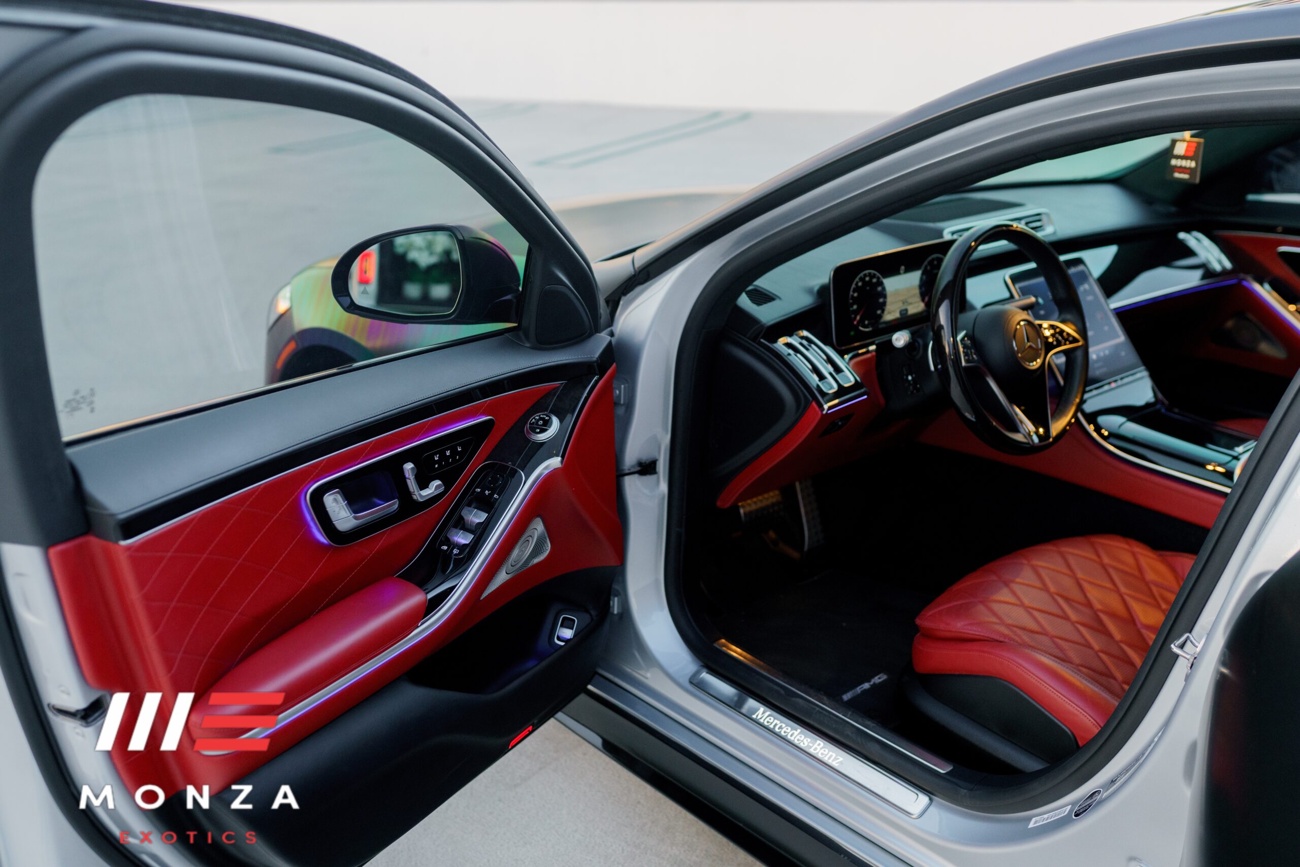 2023 Mercedes-Benz S580 driver cockpit Red / Black seats Pacific Coast Highway