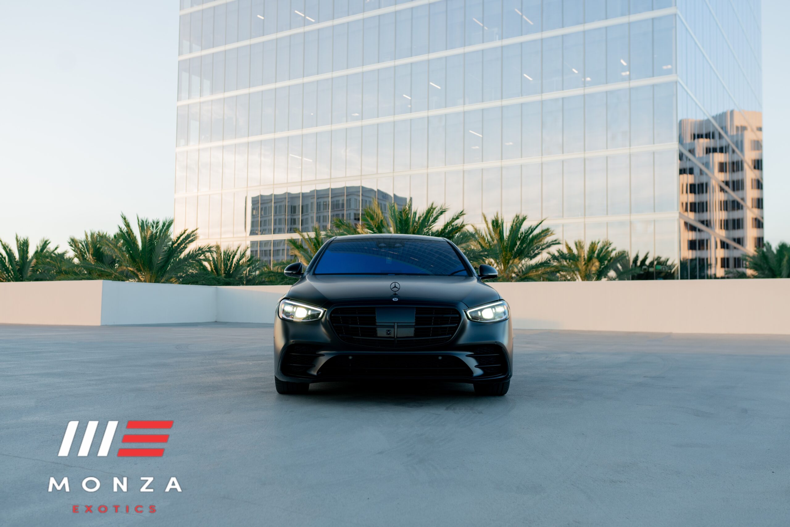 Mercedes-Benz S580 Black rear angle luxury sedan Irvine rental