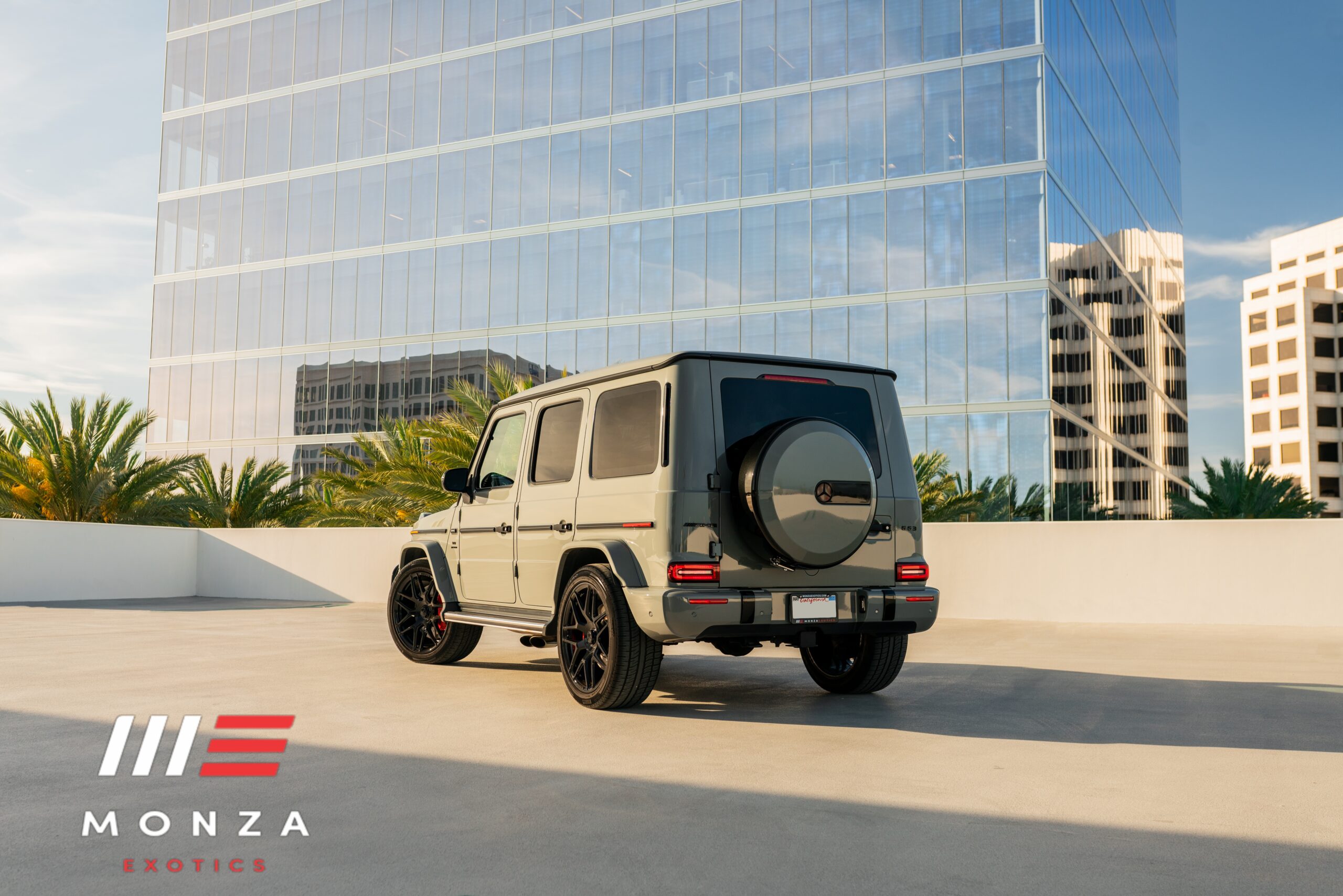 Mercedes-Benz G63 AMG Arabian Grey trunk view luxury rental Pacific Coast Highway