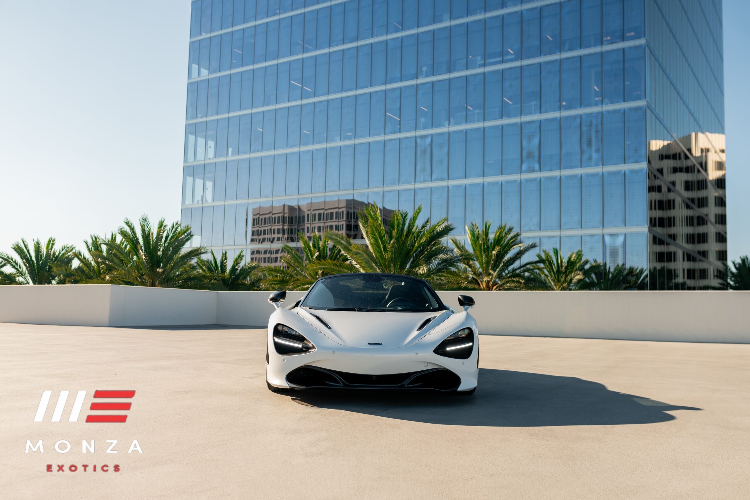 McLaren 720S Spyder White at dusk Orange County exotic rental
