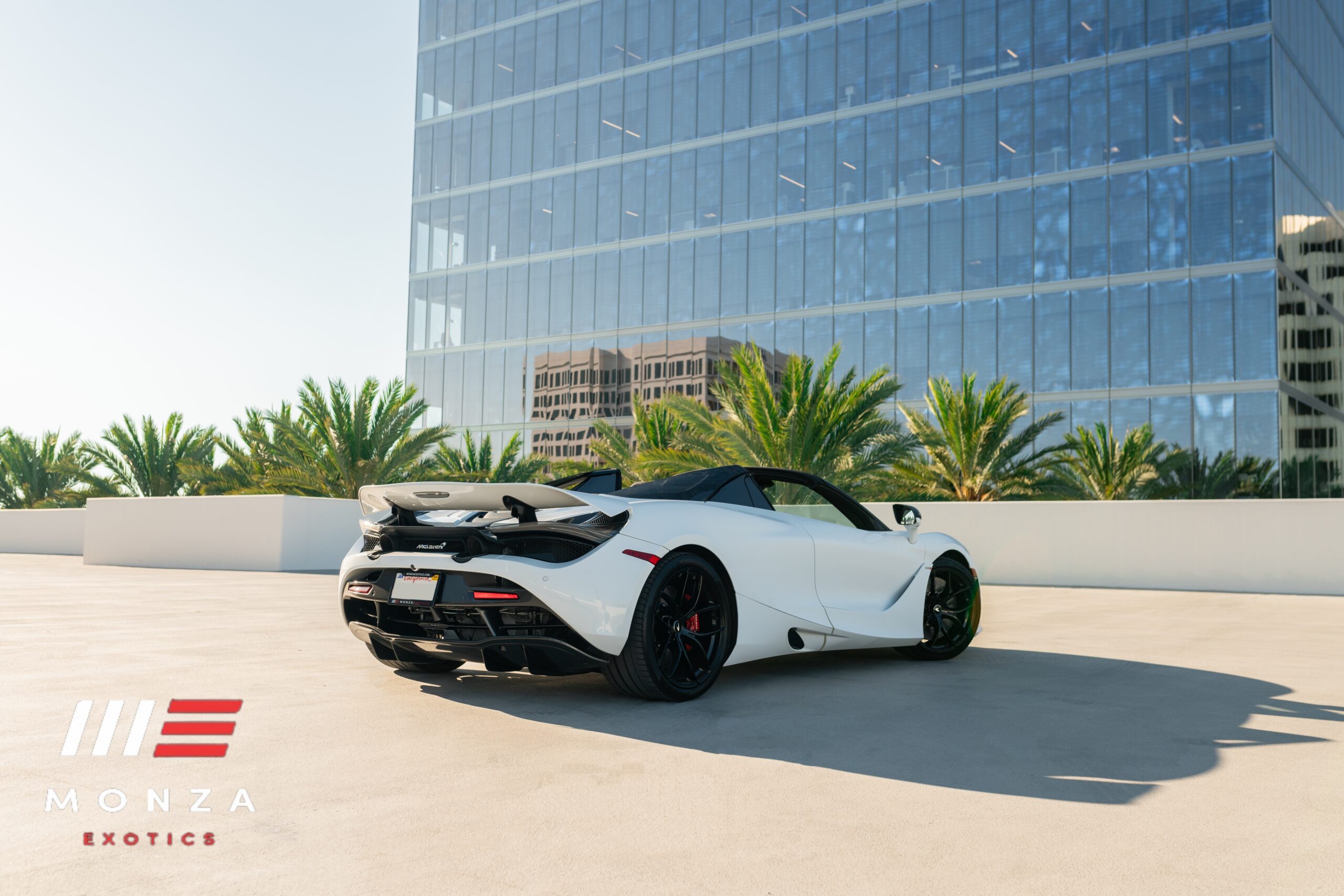 McLaren 720S Spyder rear view White supercar San Diego