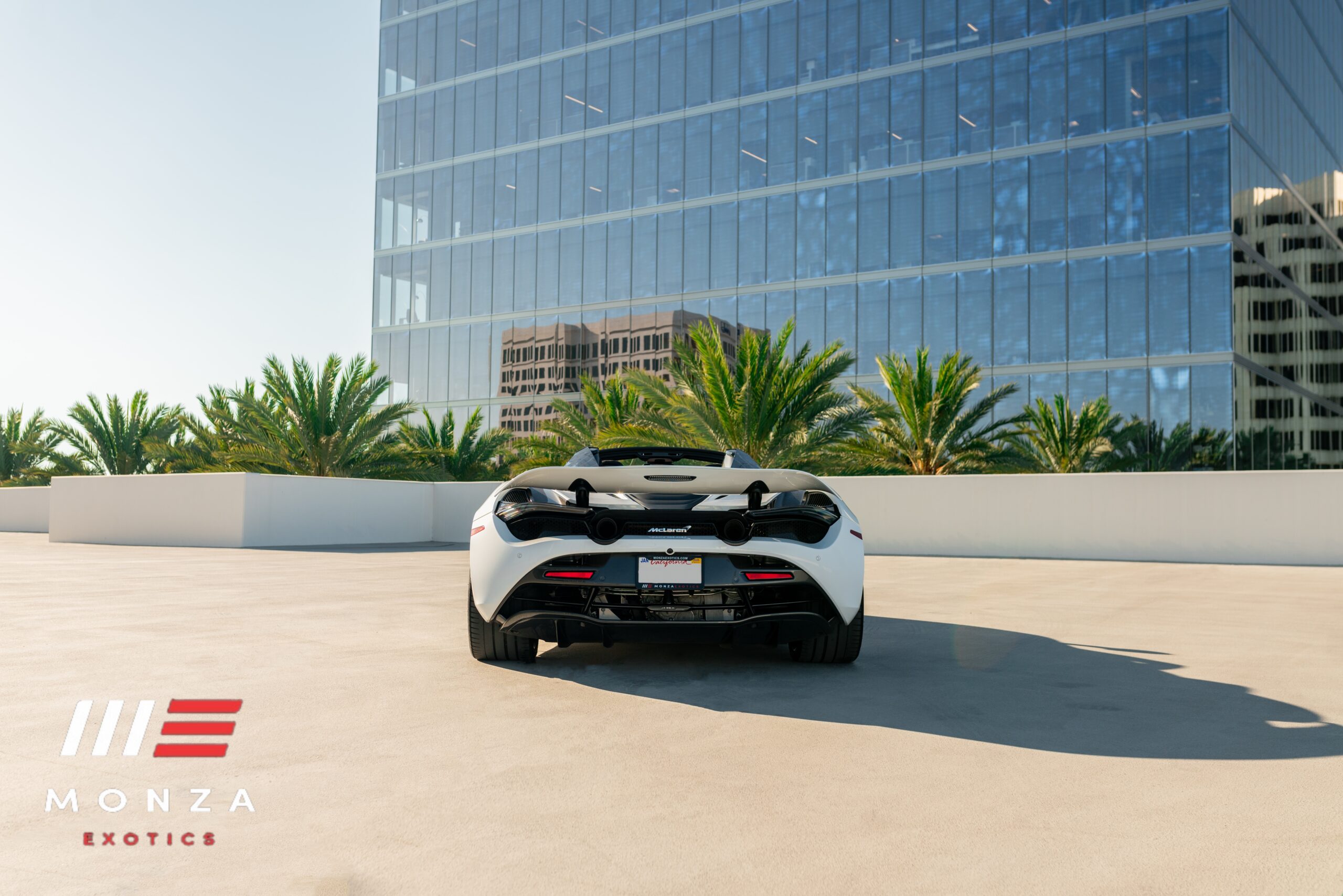 McLaren 720S Spyder White trunk view luxury rental Pacific Coast Highway exotic rental