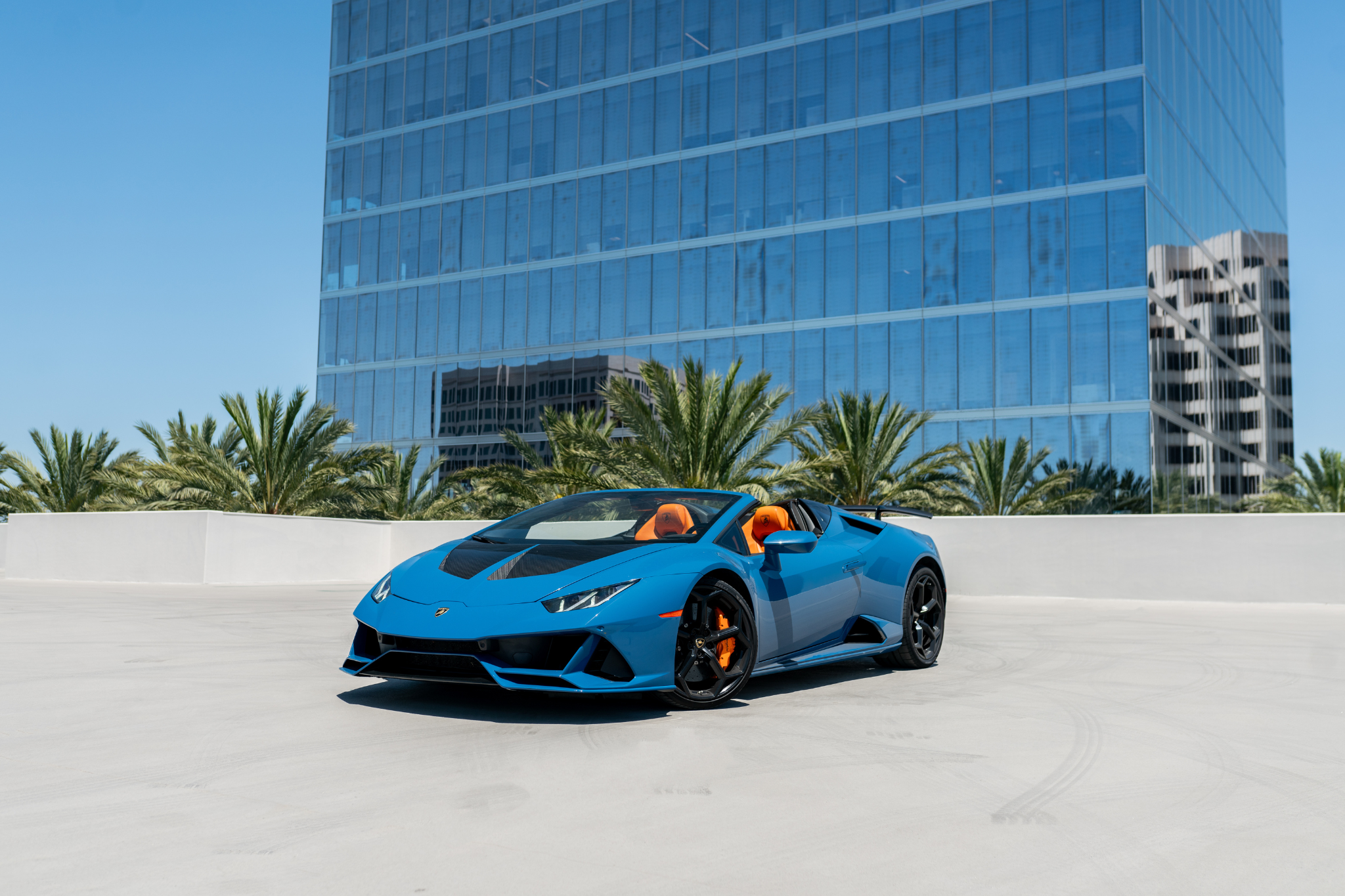 2022 Lamborghini Huracán Evo Spyder Blue supercar available for rent in Los Angeles