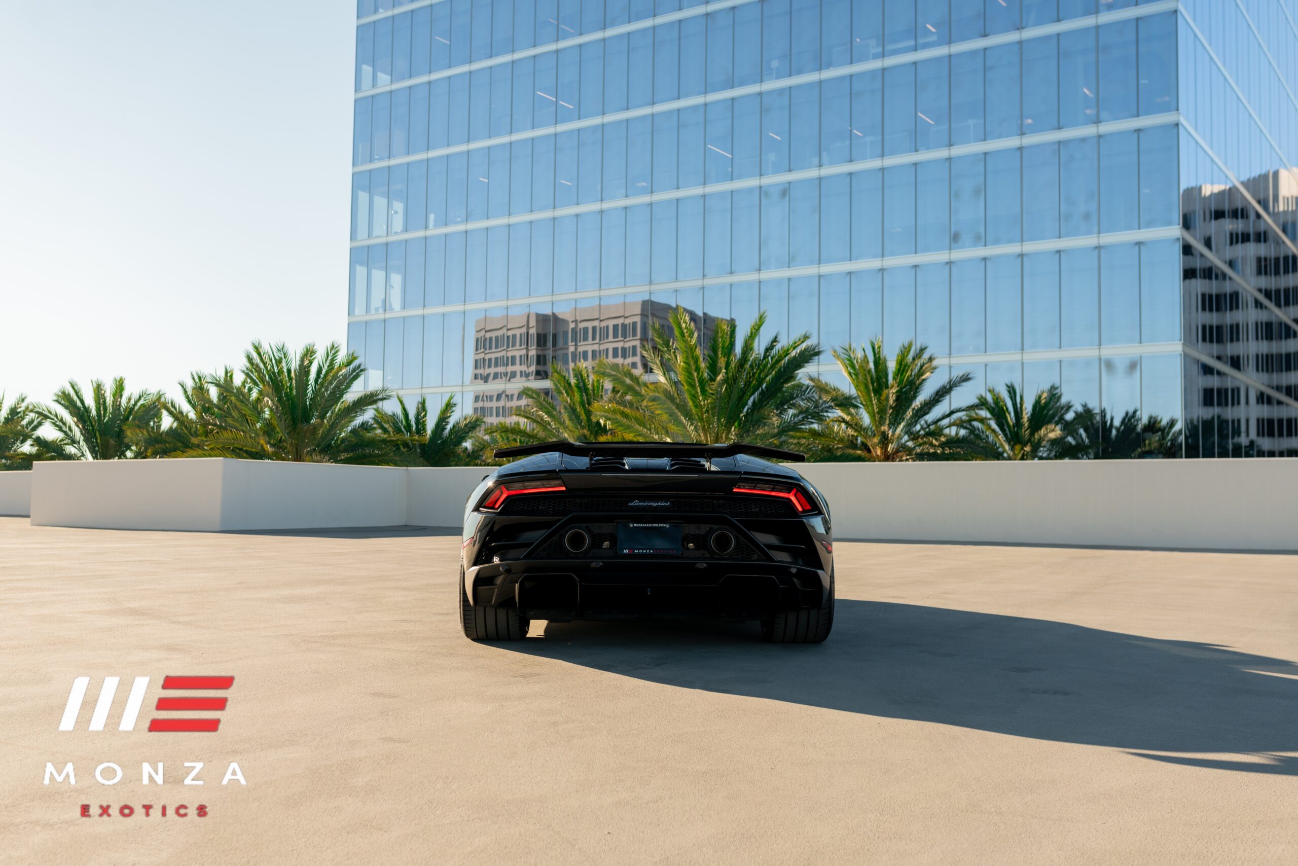 Lamborghini Huracán Evo Spyder Black trunk view luxury rental Pacific Coast Highway