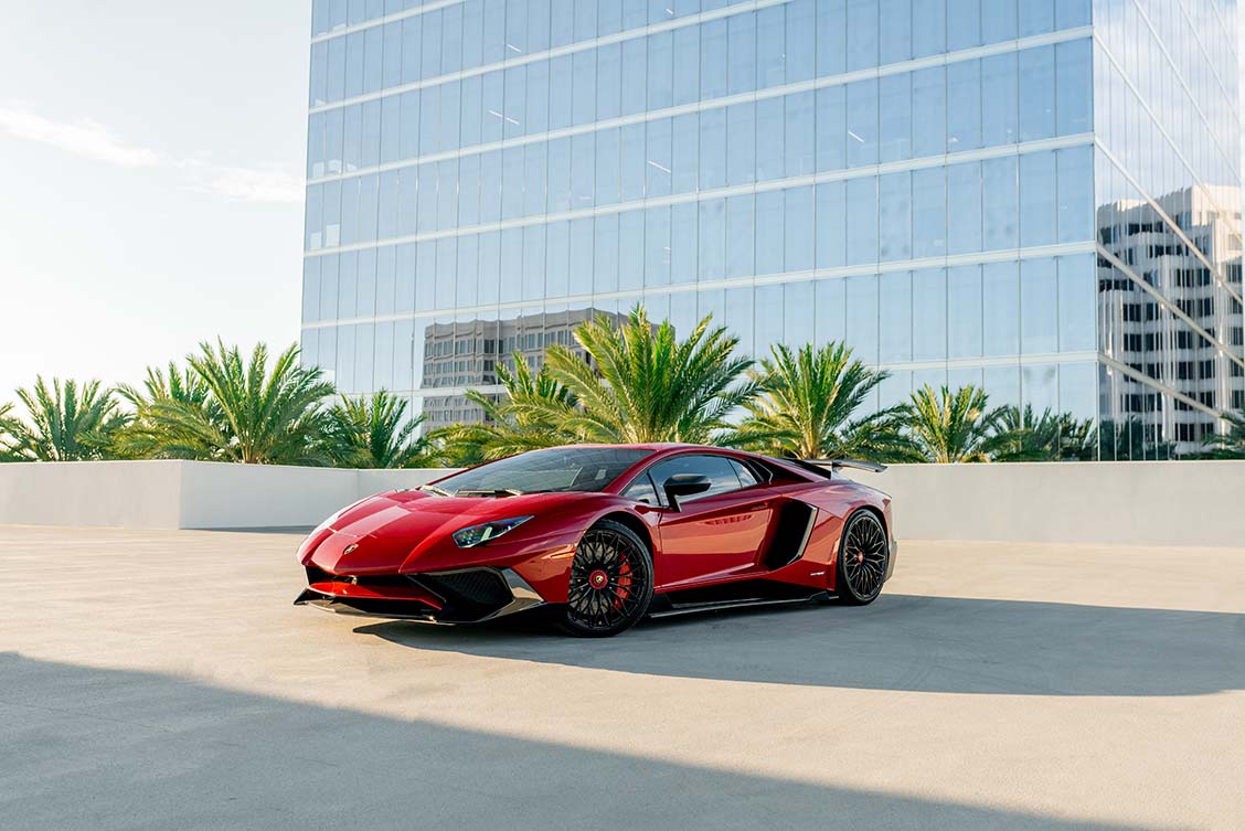 2019 Lamborghini Aventador SV headlight detail Red Beverly Hills exotic rental