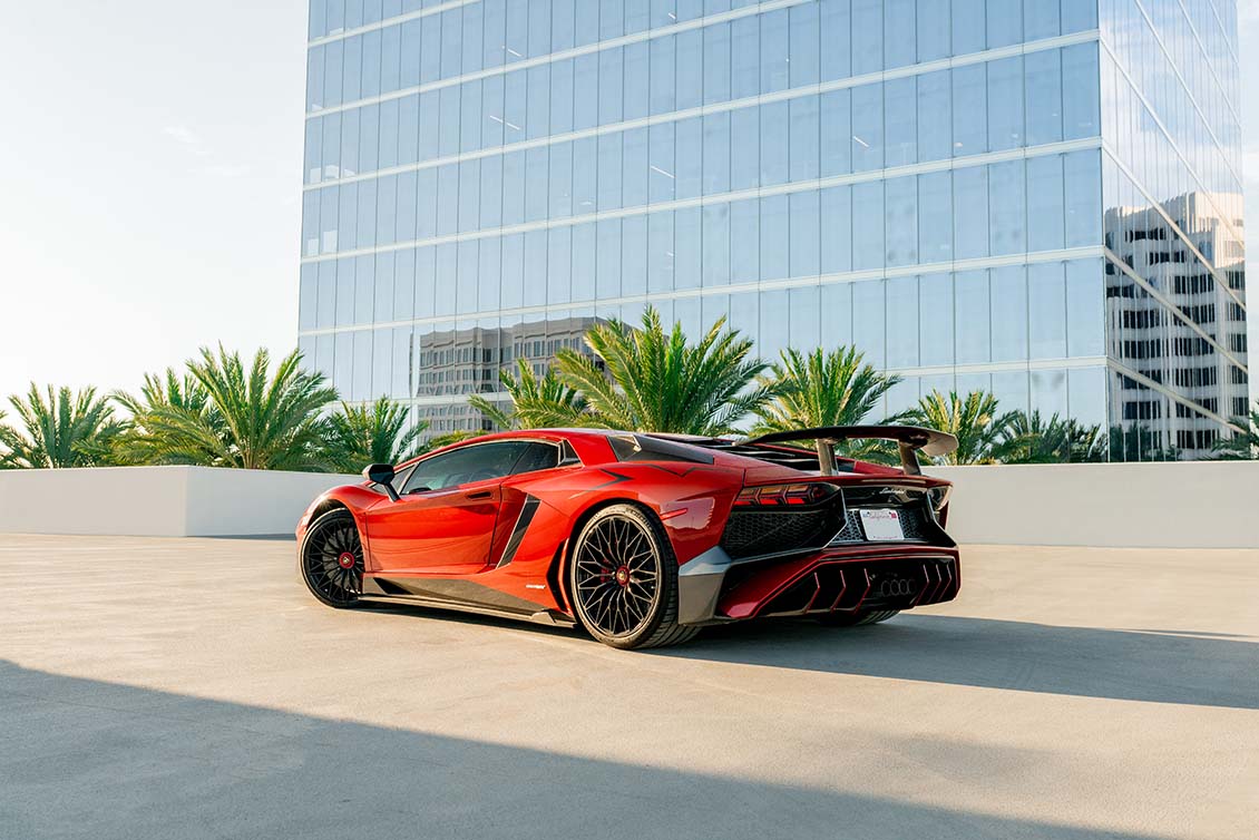 Lamborghini Aventador SV Red close-up supercar rental Newport Beach exotic rental