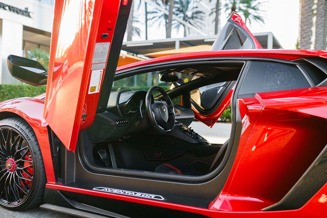 2019 Lamborghini Aventador SV luxury interior Black/Red Pacific Coast Highway