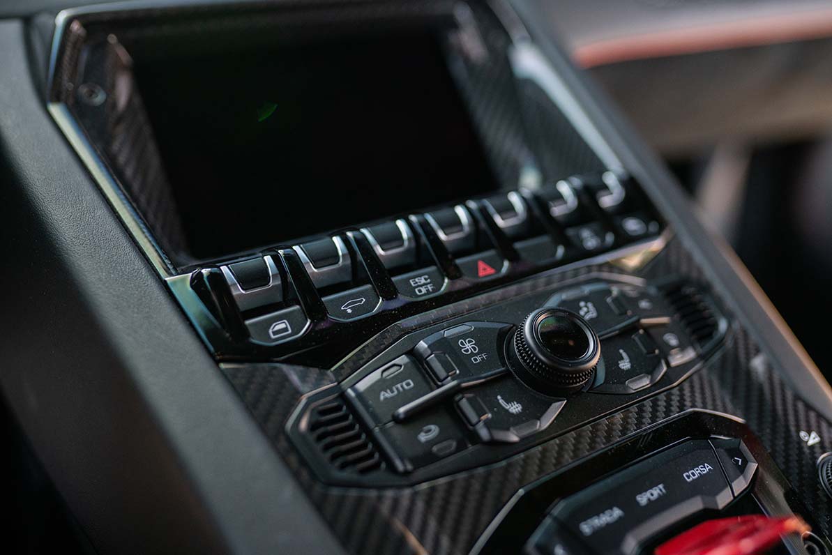 Lamborghini Aventador SV Red trunk view luxury rental Pacific Coast Highway