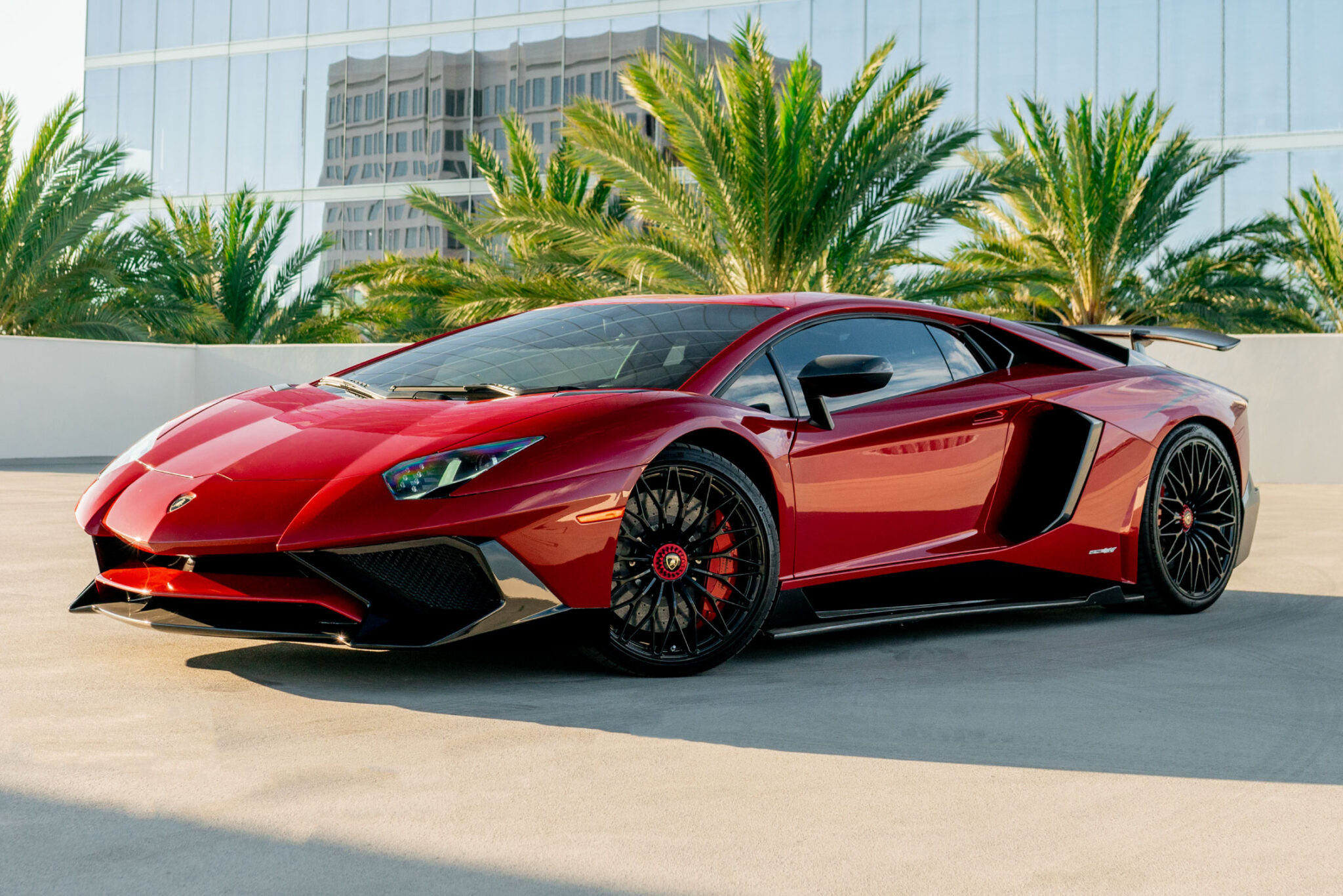 Red 2019 Lamborghini Aventador SV supercar rental Irvine