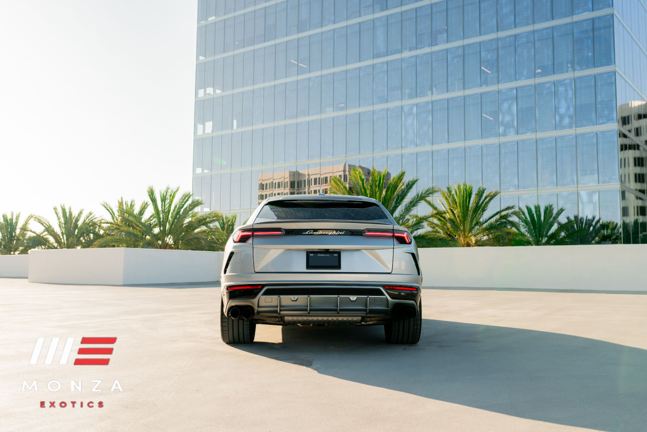 Lamborghini Urus Silver trunk view luxury rental Pacific Coast Highway exotic rental