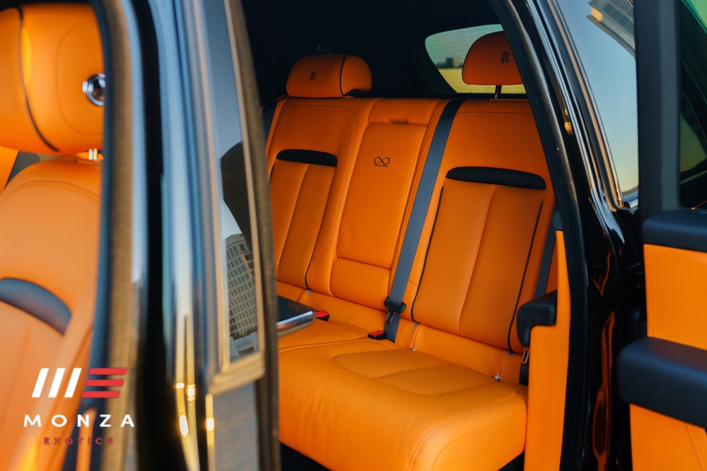 Rolls Royce Cullinan Black Badge Black trunk view luxury rental Pacific Coast Highway