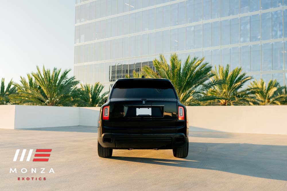 Rolls Royce Cullinan Black Badge rear view Black luxury SUV San Diego exotic rental