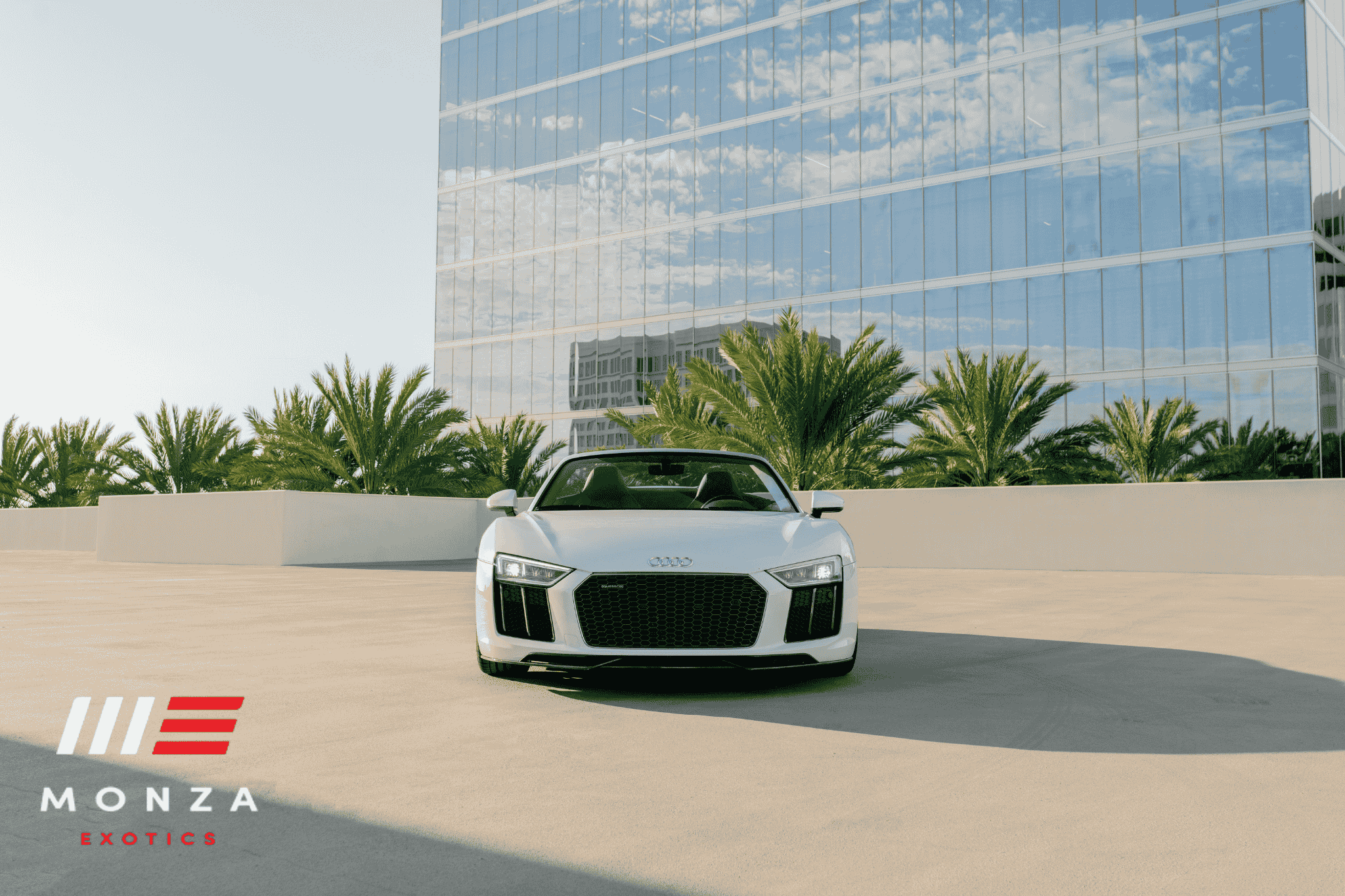 Audi R8 V10 Spyder White trunk view luxury rental Pacific Coast Highway
