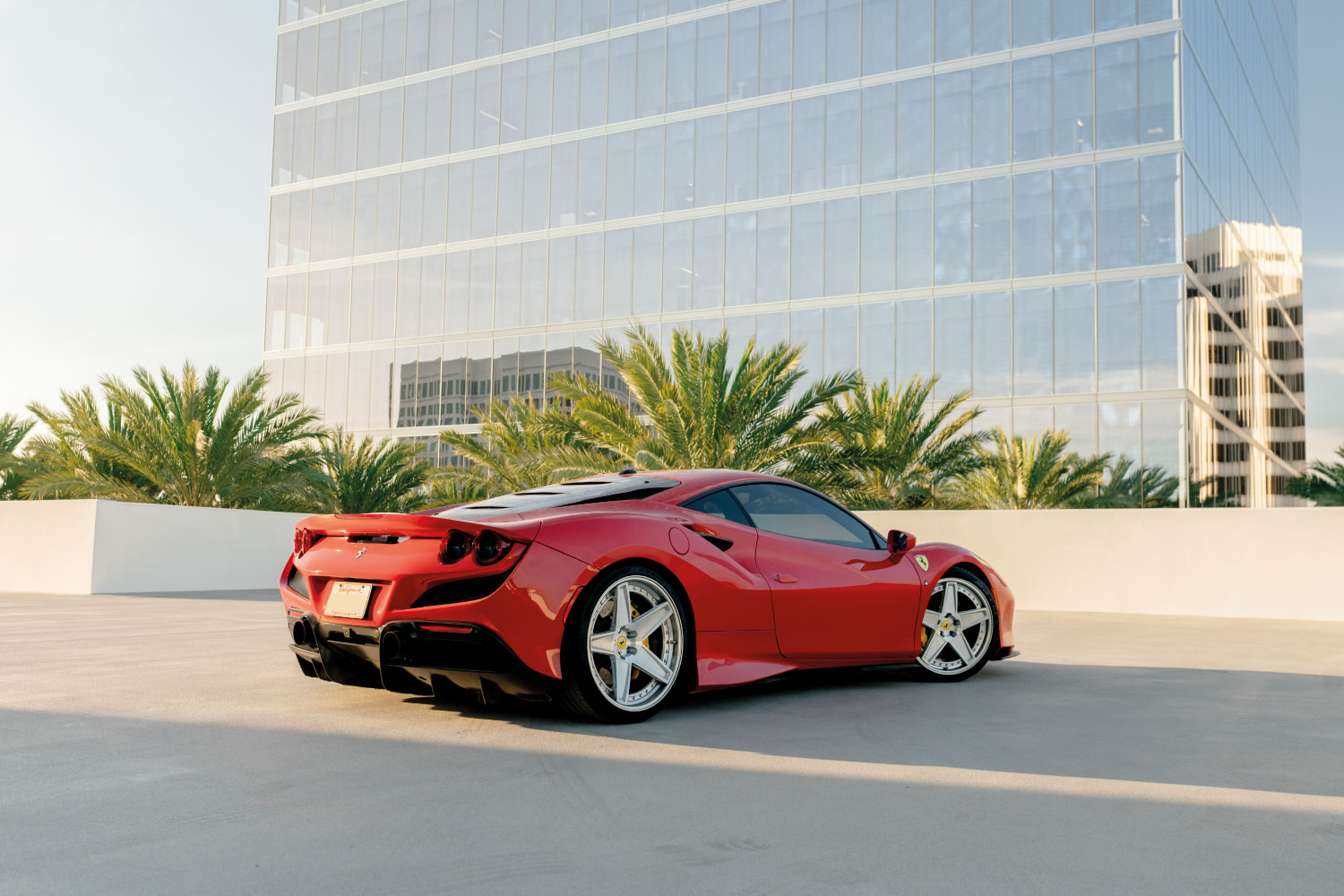 Ferrari F8 Tributo Red trunk view luxury rental Pacific Coast Highway