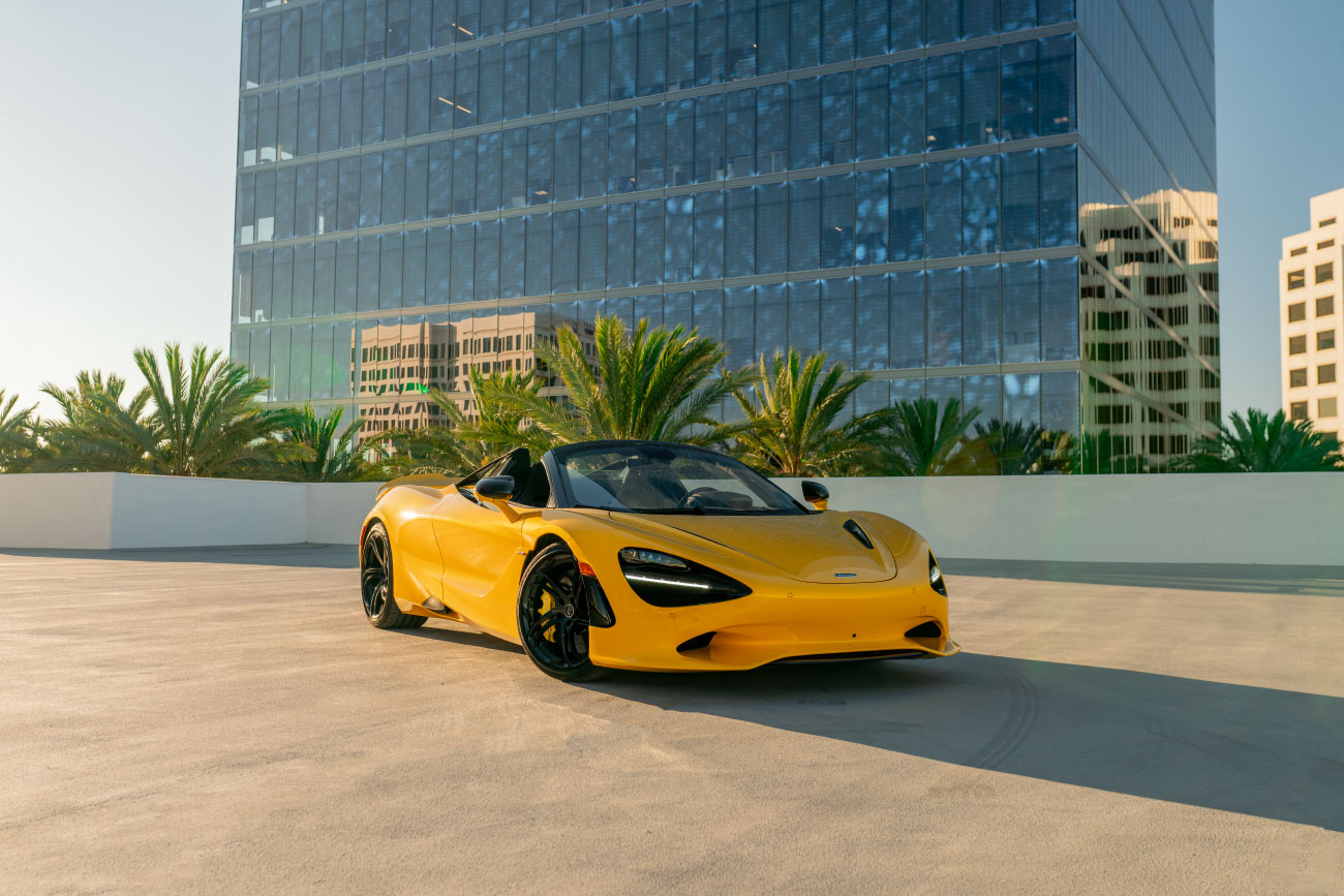 McLaren 750S Spyder rear view Yellow supercar San Diego exotic rental