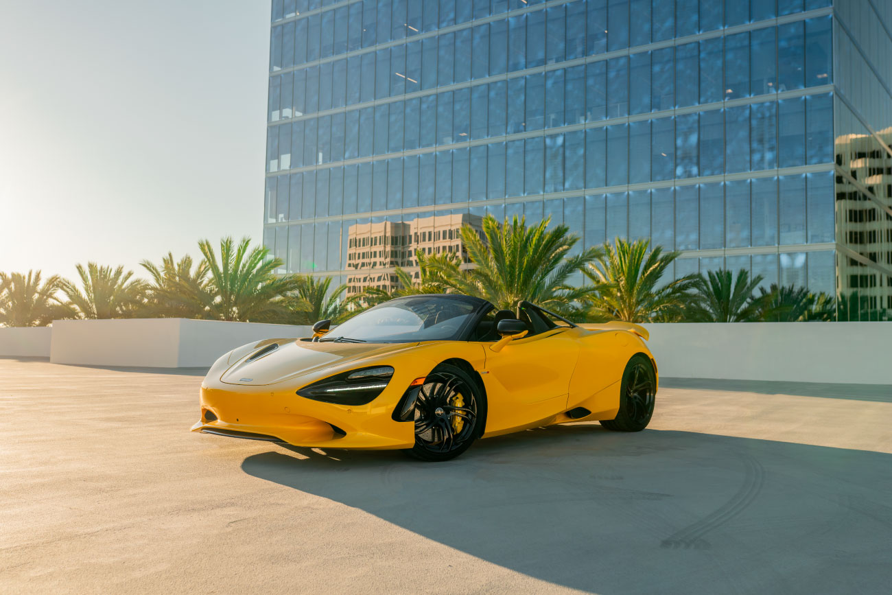 2024 McLaren 750S Spyder Yellow supercar Beverly Hills exotic rental