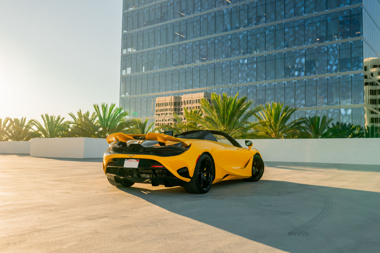 2024 McLaren 750S Spyder front three-quarter Yellow SoCal exotic rental