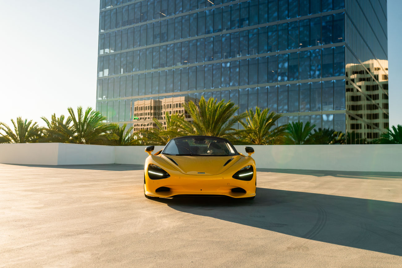 2024 McLaren 750S Spyder headlight detail Yellow Beverly Hills exotic rental