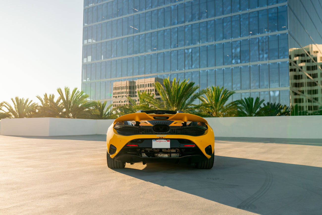 McLaren 750S Spyder Yellow close-up supercar rental Newport Beach exotic rental