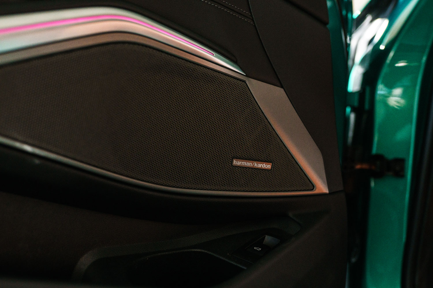 BMW M3 Competition side profile Green luxury sedan Orange County