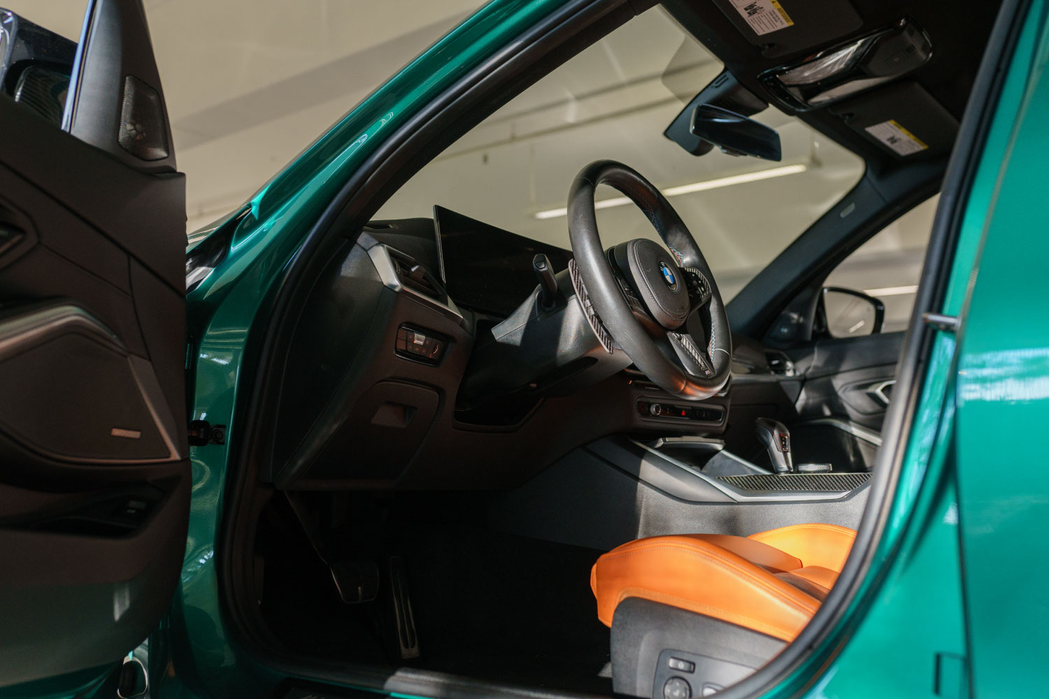 BMW M3 Competition Green trunk view luxury rental Pacific Coast Highway