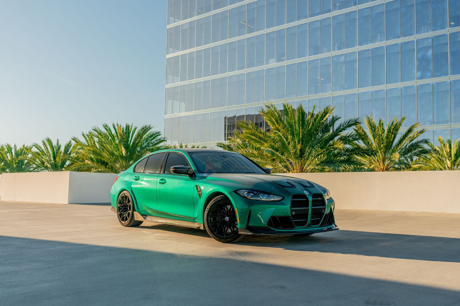 BMW M3 Competition Green trunk view luxury rental Pacific Coast Highway exotic rental