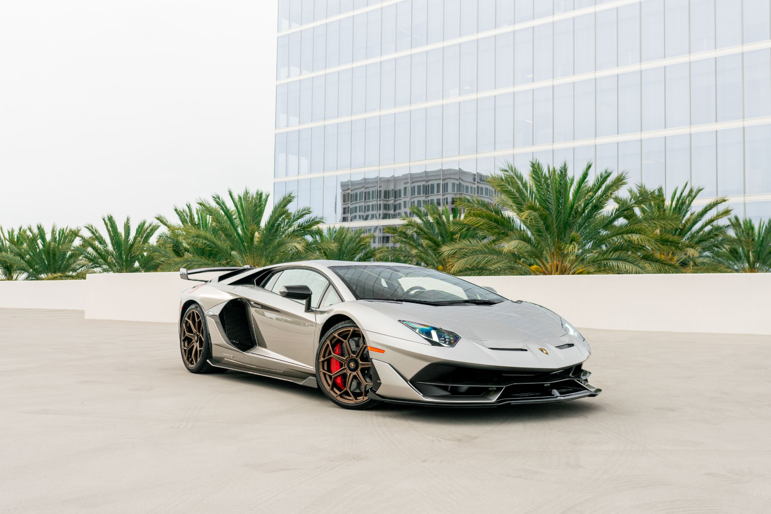 Lamborghini Aventador SVJ Coupe Grey rear quarter view Los Angeles exotic rental