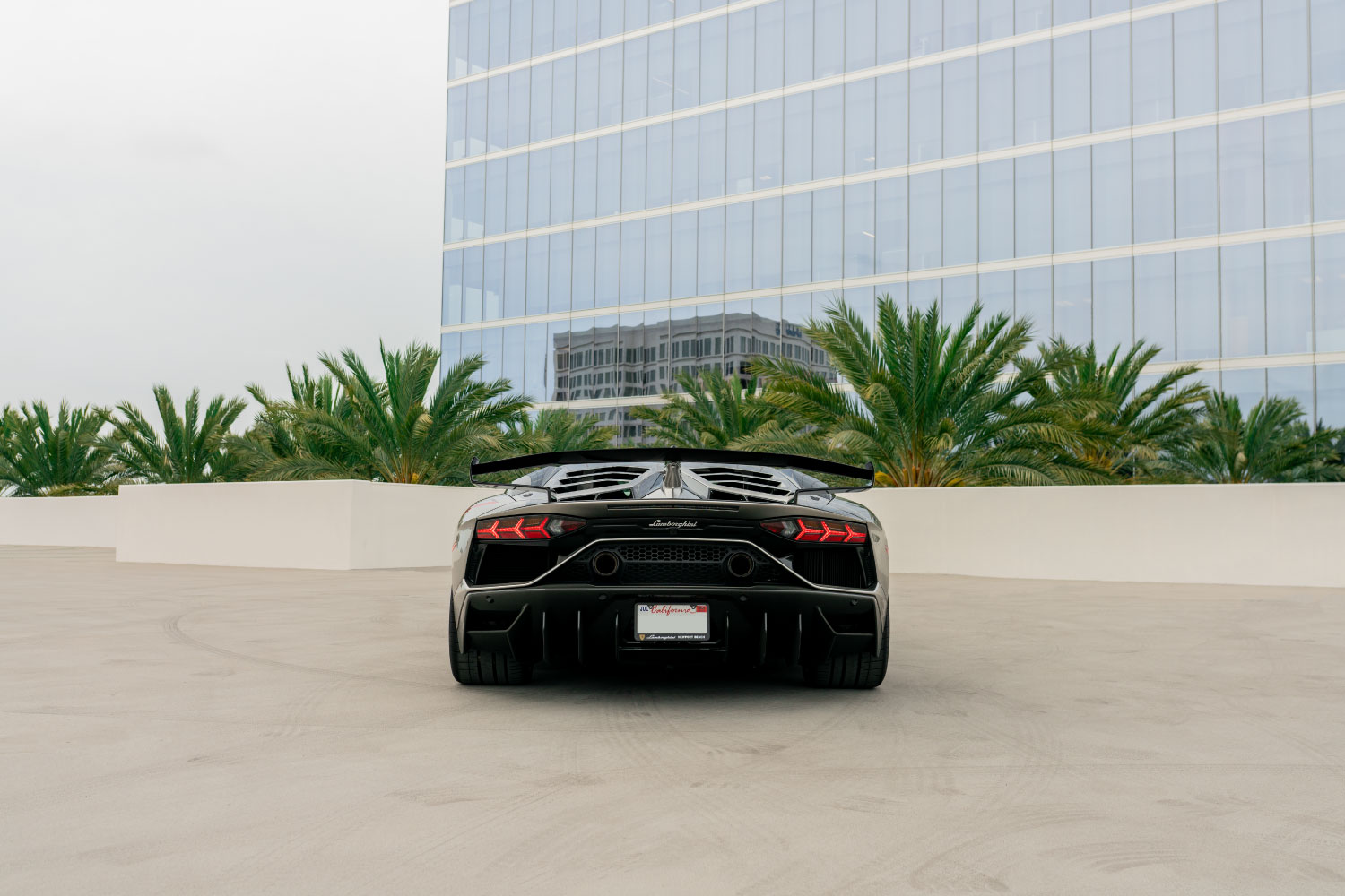 Lamborghini Aventador SVJ Coupe Grey trunk view luxury rental Pacific Coast Highway exotic rental