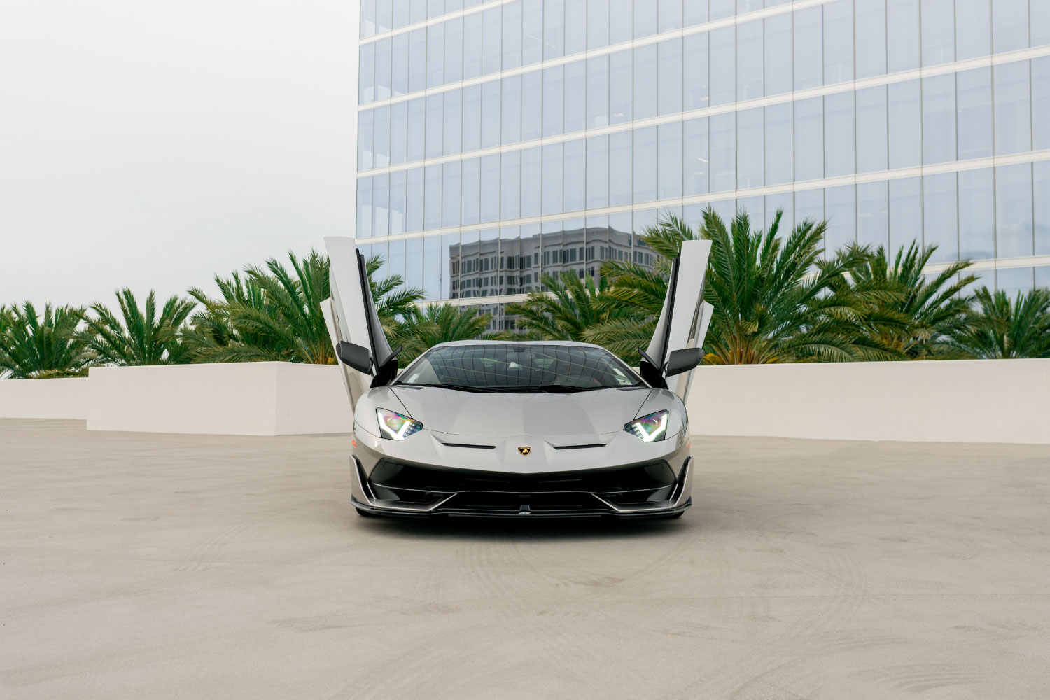 Lamborghini Aventador SVJ Coupe Grey at dusk Orange County exotic rental