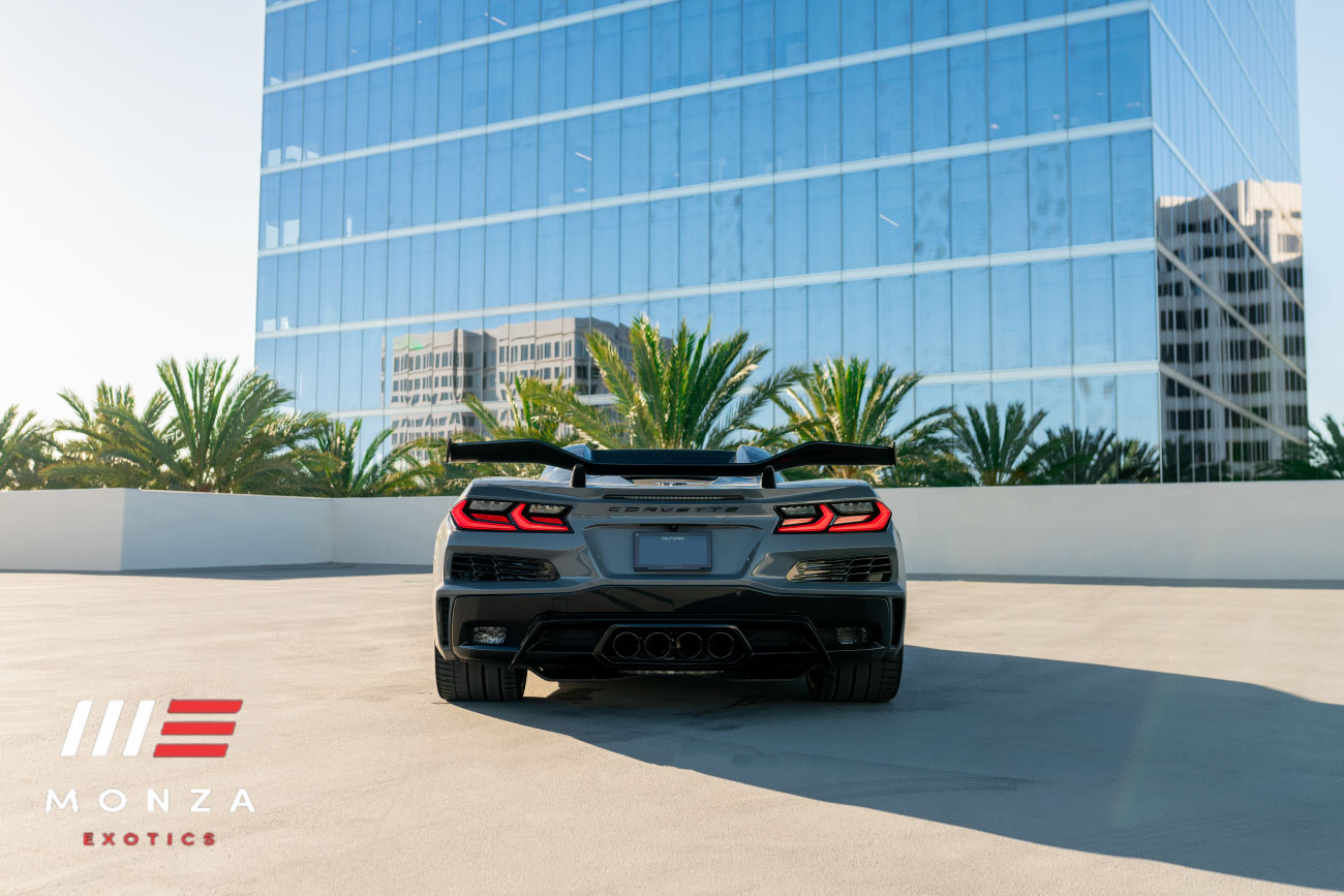 Corvette Z06 Grey trunk view luxury rental Pacific Coast Highway exotic rental