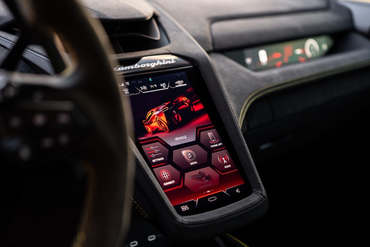 Infotainment screen in the Lamborghini Temerario rental, a hybrid V8 supercar