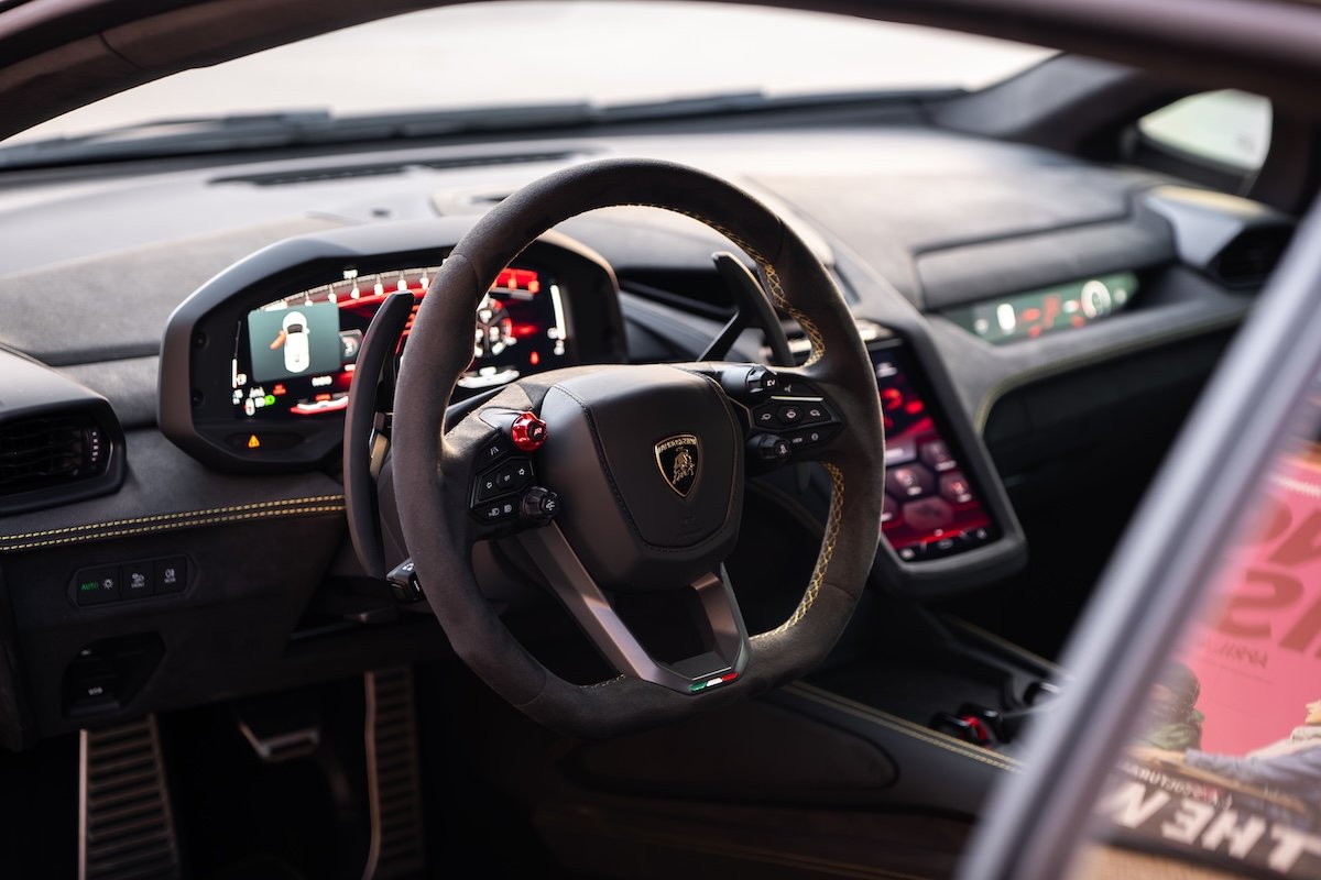 Steering wheel and cabin of the Lamborghini Temerario rental, the Huracan's replacement