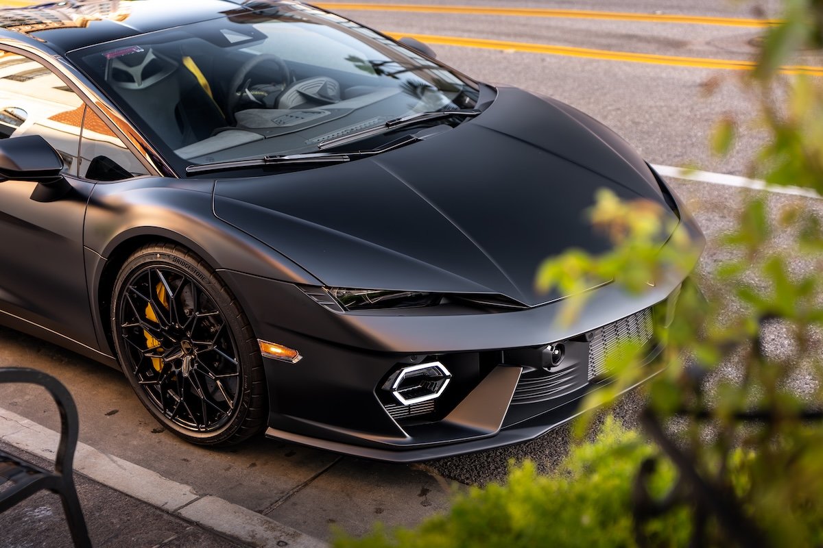 Front view of the black Lamborghini Temerario rental, a 213 mph hybrid supercar