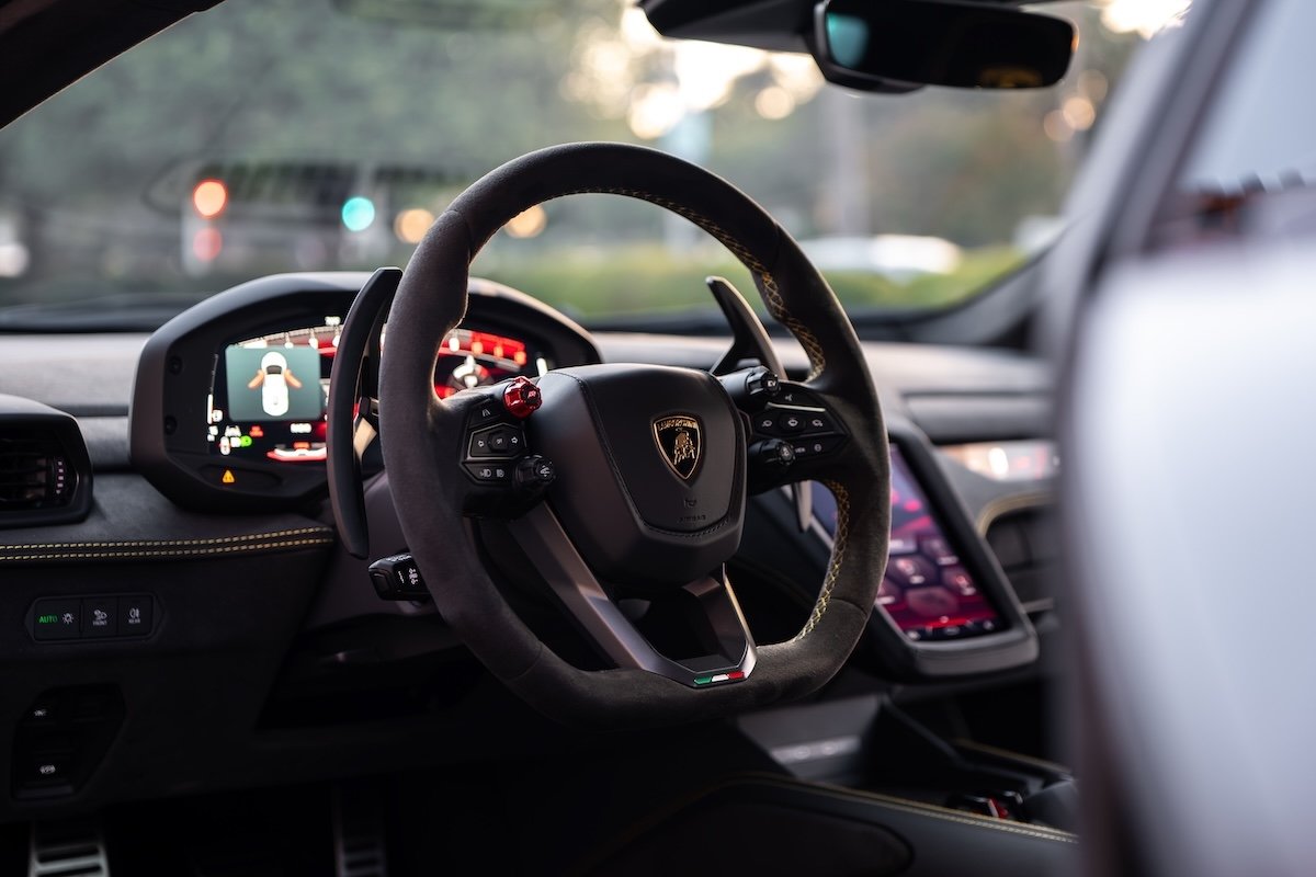 Steering wheel in the Lamborghini Temerario rental, a 907 hp plug-in hybrid