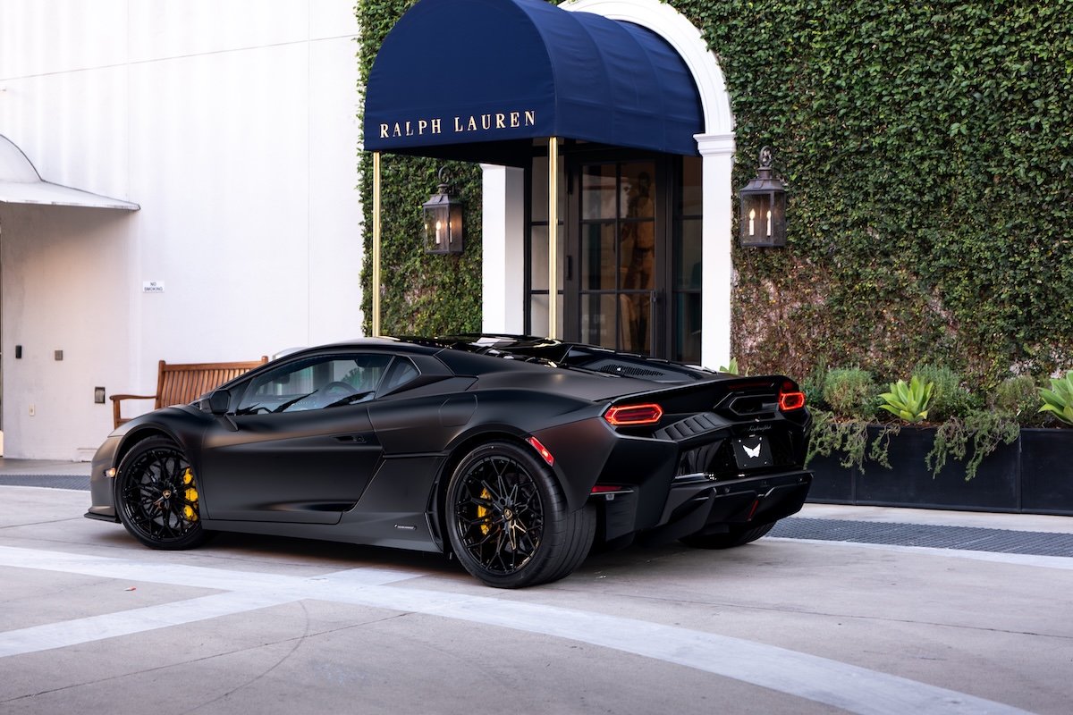 Rear view of the black Lamborghini Temerario rental, a V8 that revs to 10,000 rpm