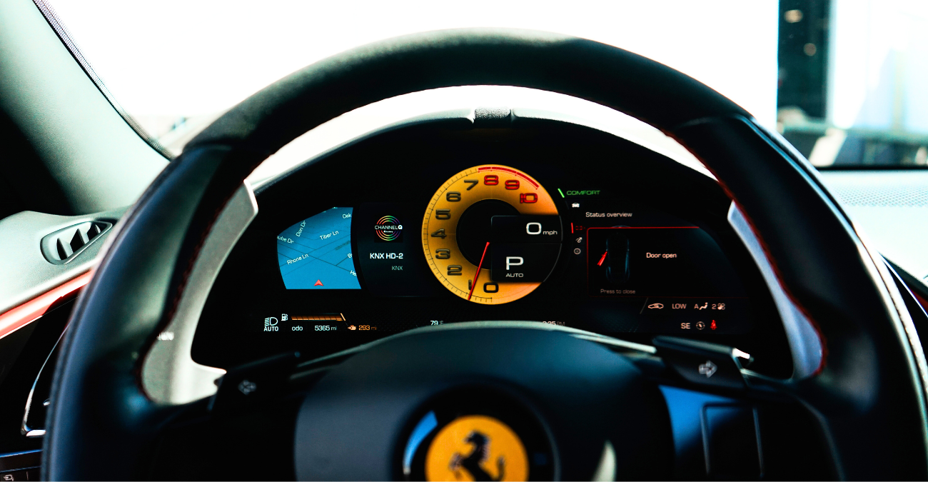 Steering wheel in the Ferrari Roma rental, a 612 hp twin-turbo V8 coupe