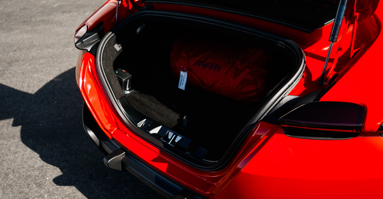 Trunk of the Ferrari Roma rental, holding 272 liters with the rear seats up