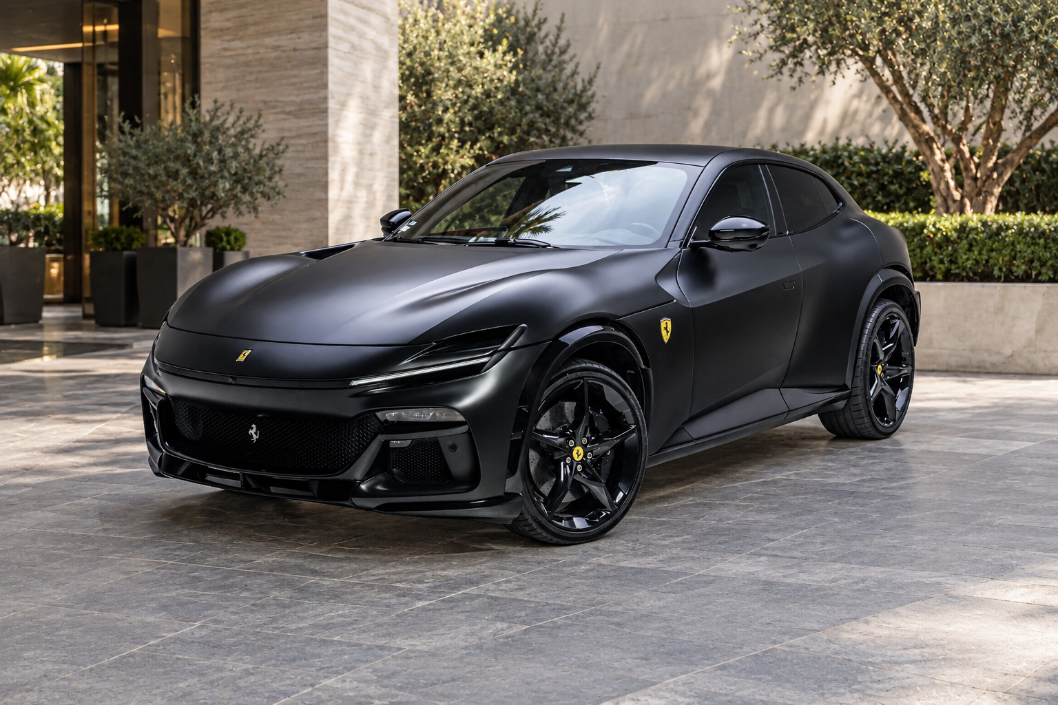 Black Ferrari Purosangue, front view, a 4 seat V12 to rent in Southern California