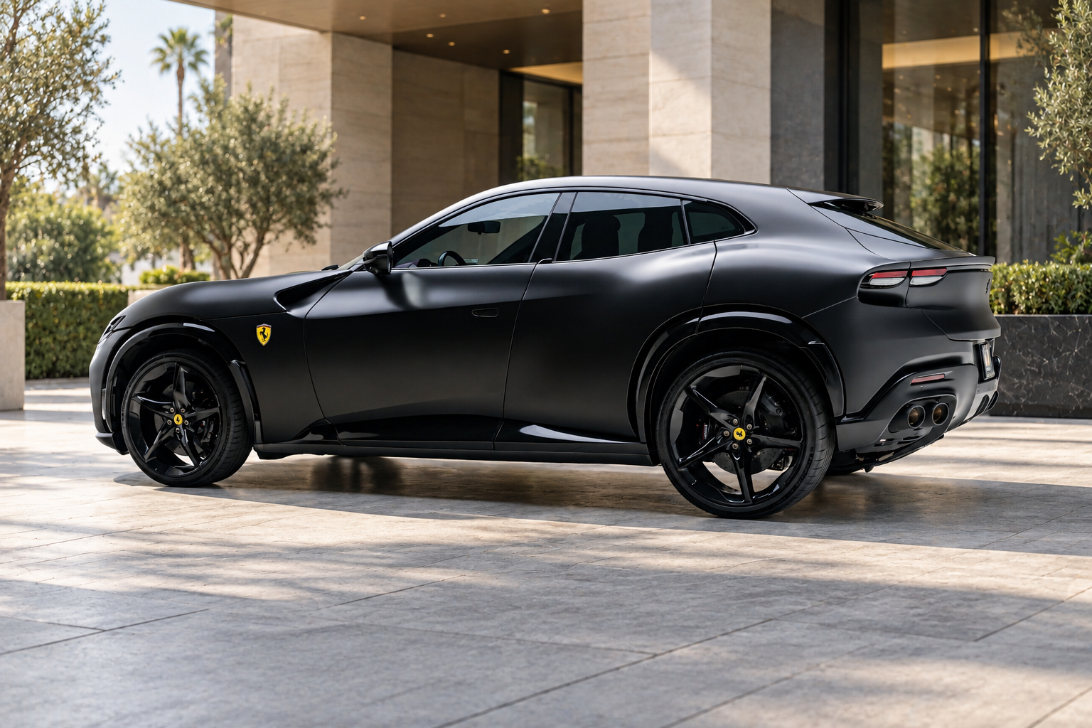 Rear view of the black Ferrari Purosangue rental, an all-wheel drive V12
