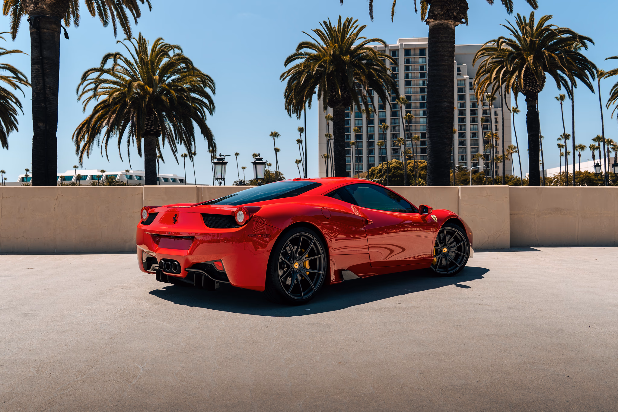 Red Ferrari 458 Italia rear, rental in Orange County