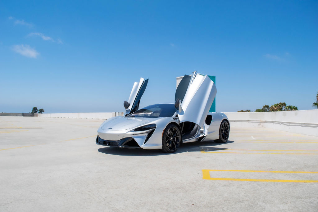 McLaren Artura rental in silver, a 2 seat plug-in hybrid coupe