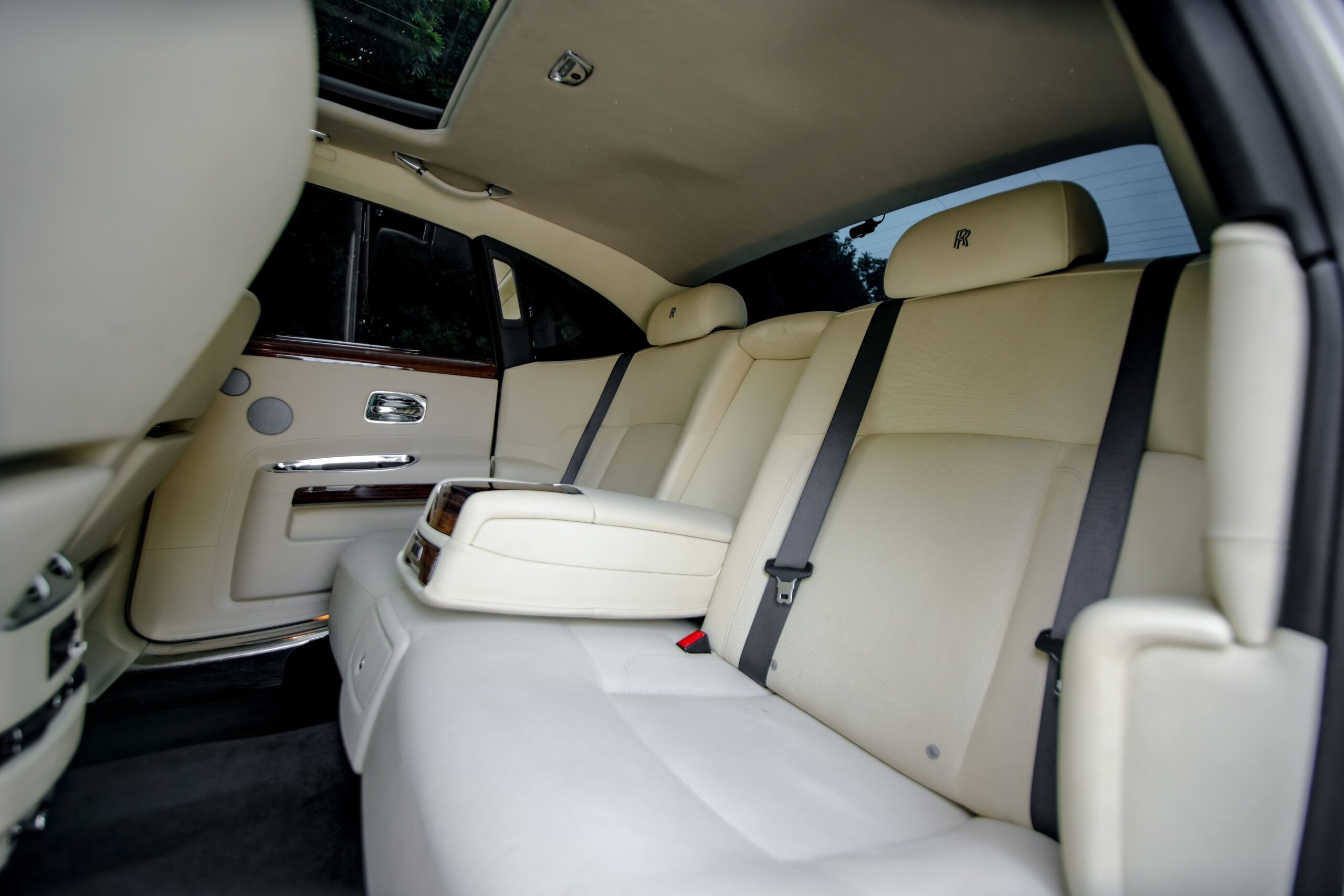 Rear seats in the Rolls Royce Ghost rental, a 5 seat V12 sedan
