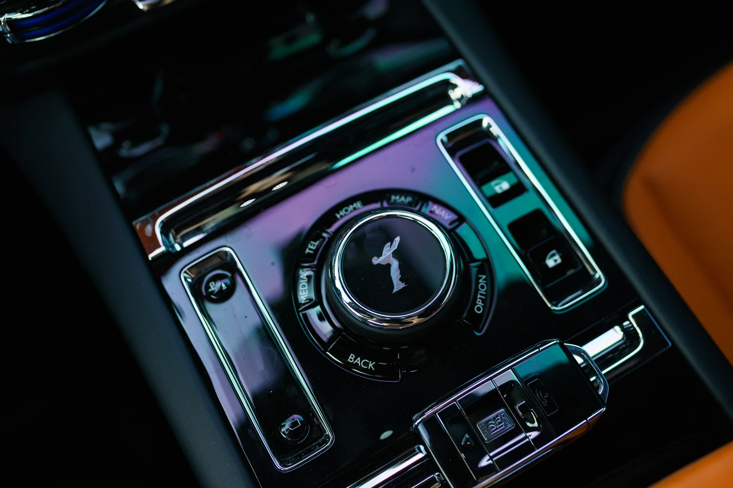 Interior of the grey Rolls Royce Spectre rental, a 2 door electric Rolls Royce