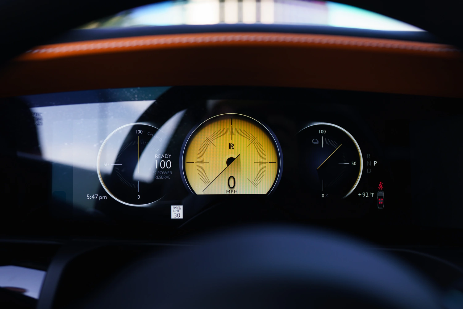 Interior of the grey Rolls Royce Spectre rental, an electric coupe with a 155 mph top speed