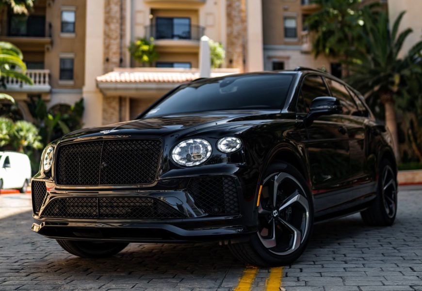 Front view of the black Bentley Bentayga S rental, an all-wheel drive luxury SUV
